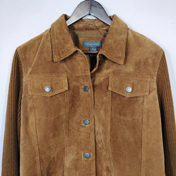Relativity Brown Suede Leather Trucker Jacket Ribbed Knit Sleeves Size Large - Picture 3 of 11
